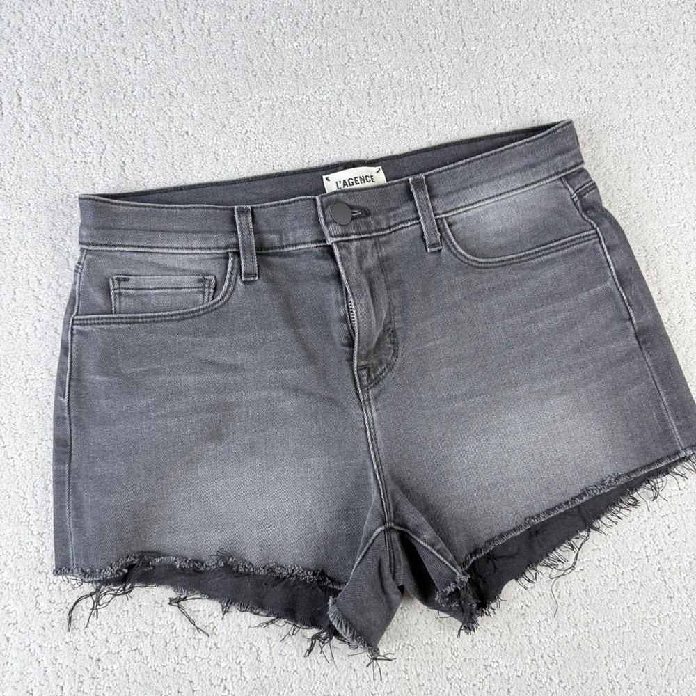 L'AGENCE Audrey Shorts Womens 25 Vintage Black Mid Rise Raw Hem Denim‎ 2618EKN